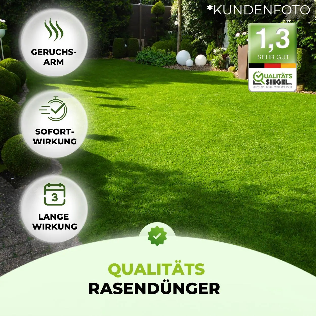 Ein üppiger, grüner Rasen zeigt die effektive Pflege mit TerraUno Rasendünger - Sparabo. Genießen Sie die geruchsarme, sofortige und nachhaltige Wirkung. Mit dem Qualitätssiegel 1,3 "sehr gut" ist er perfekt für Ihr Rasenpflege-Abo.