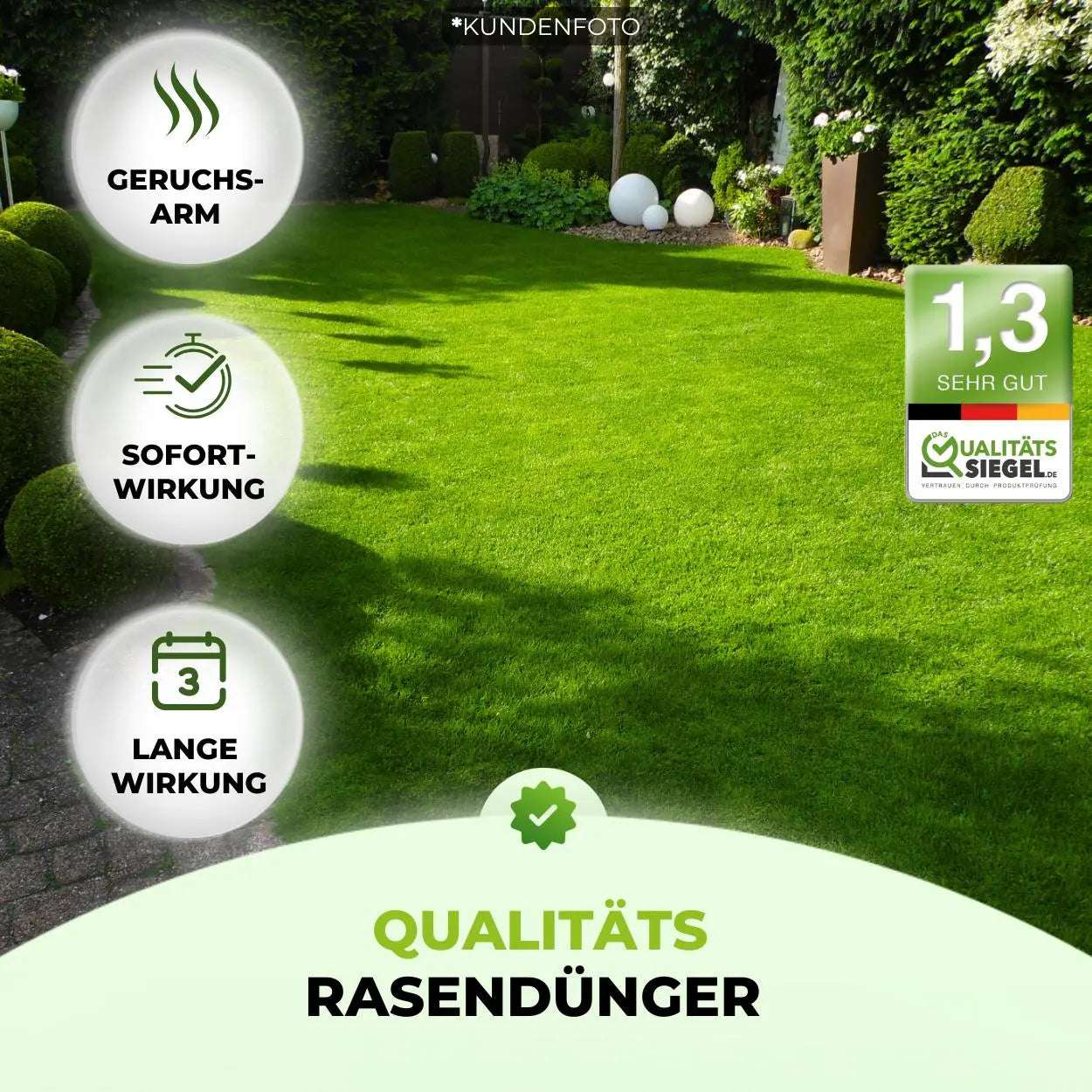Ein saftig grüner Rasen mit ordentlich gestutzten Sträuchern und Gartendekor. Rasendünger - Sparabo by TerraUno bietet Geruchsarmut, Sofort- und Langzeitwirkung bis zu 3 Monate sowie ein Qualitätssiegel mit der Note 1,3 sehr gut für optimale Pflege.