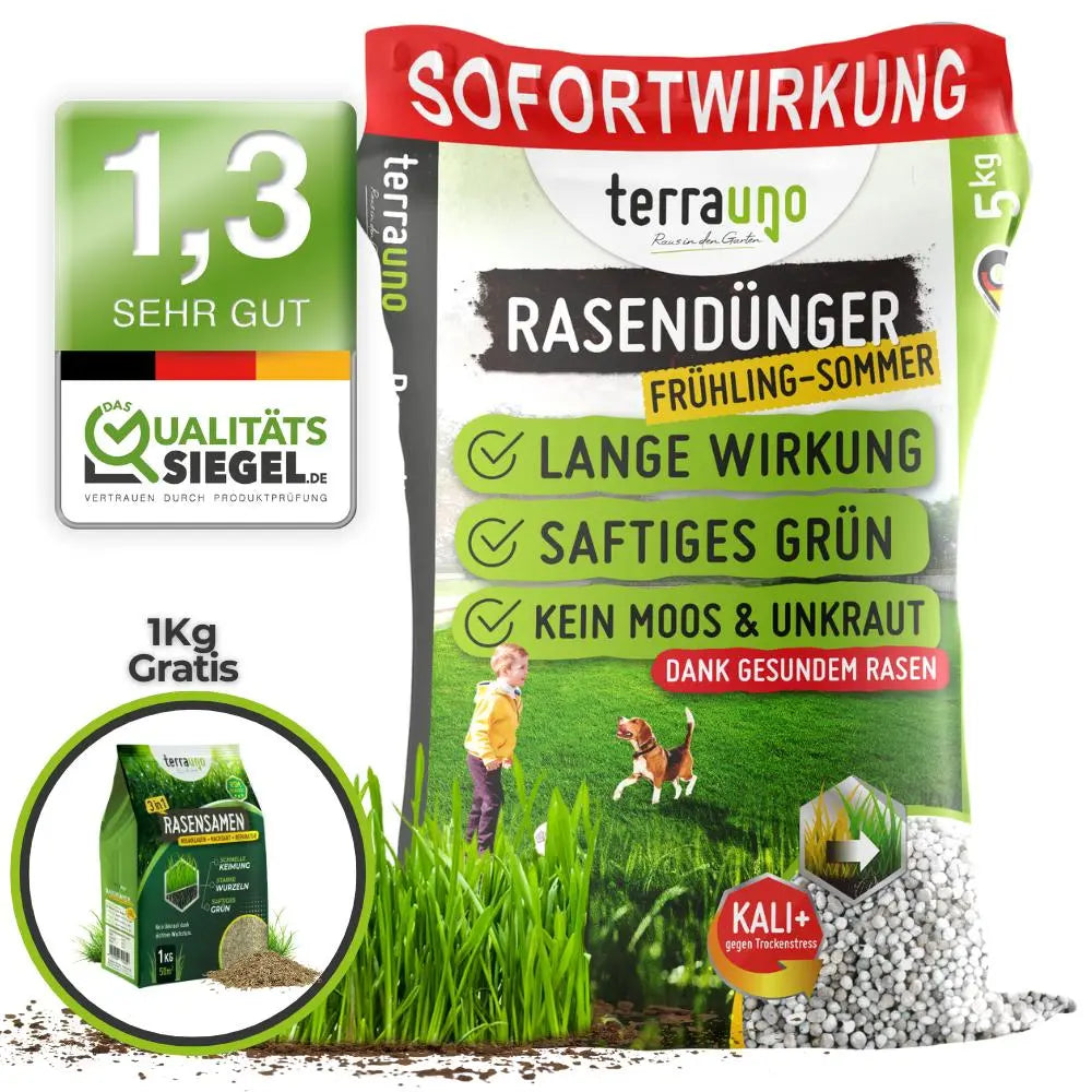 Der 5kg TerraUno Rasendünger - Sparabo sorgt für saftig grünen Rasen ohne Moos und Unkraut im Frühjahr und Sommer. Genießen Sie langanhaltende Ergebnisse plus einen kostenlosen 1kg-Bonus-perfekt für effektive Rasenpflege oder Ihr Rasenpflege-Abo.