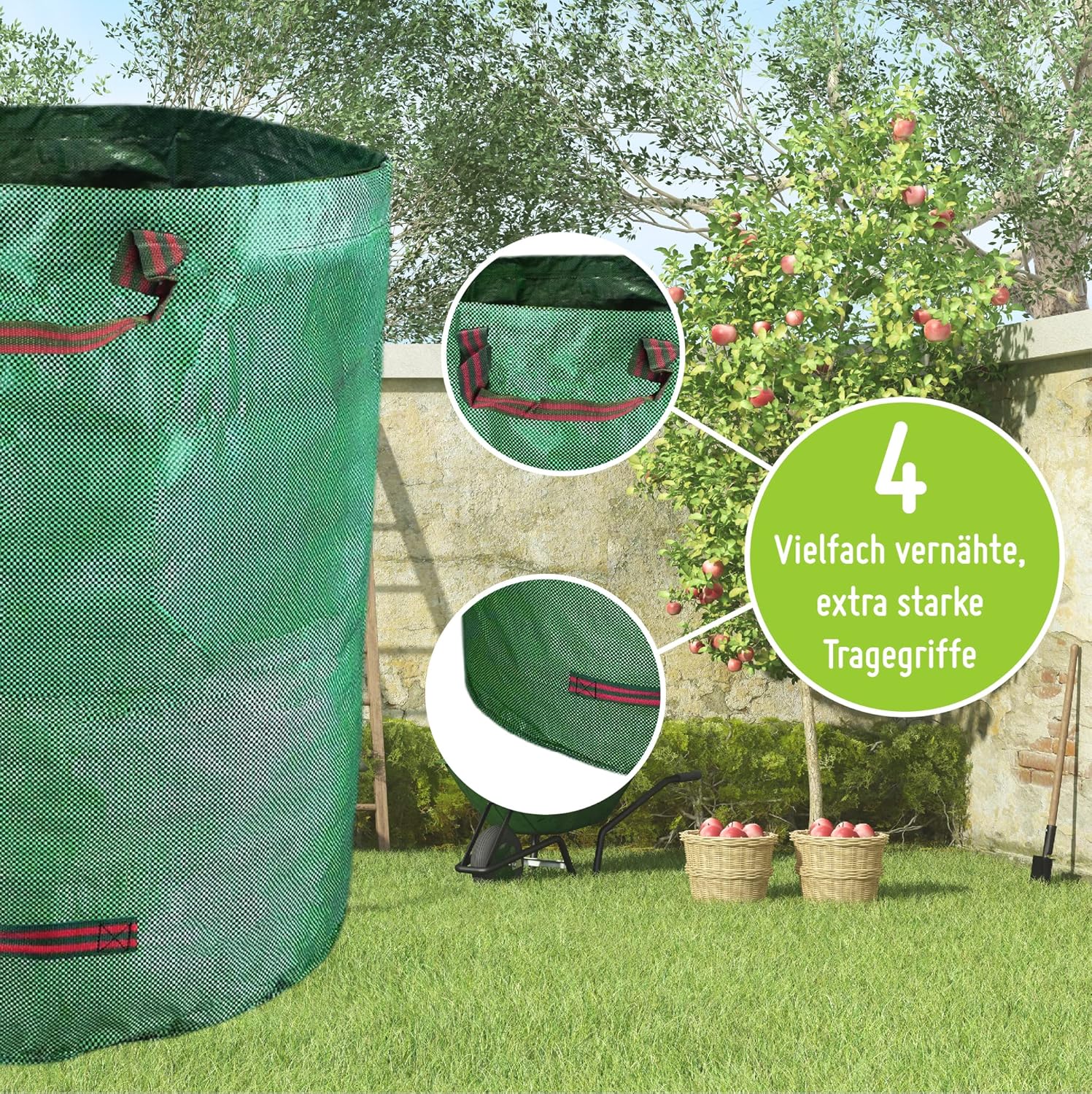 Ein TerraUno Gartensack Set 272 l oder 500 l steht auf dem Rasen neben einem Apfelbaum, gefüllt mit Äpfeln. Eine Sprechblase hebt die starken, rot verstärkten Tragegriffe des Laubsacks hervor.