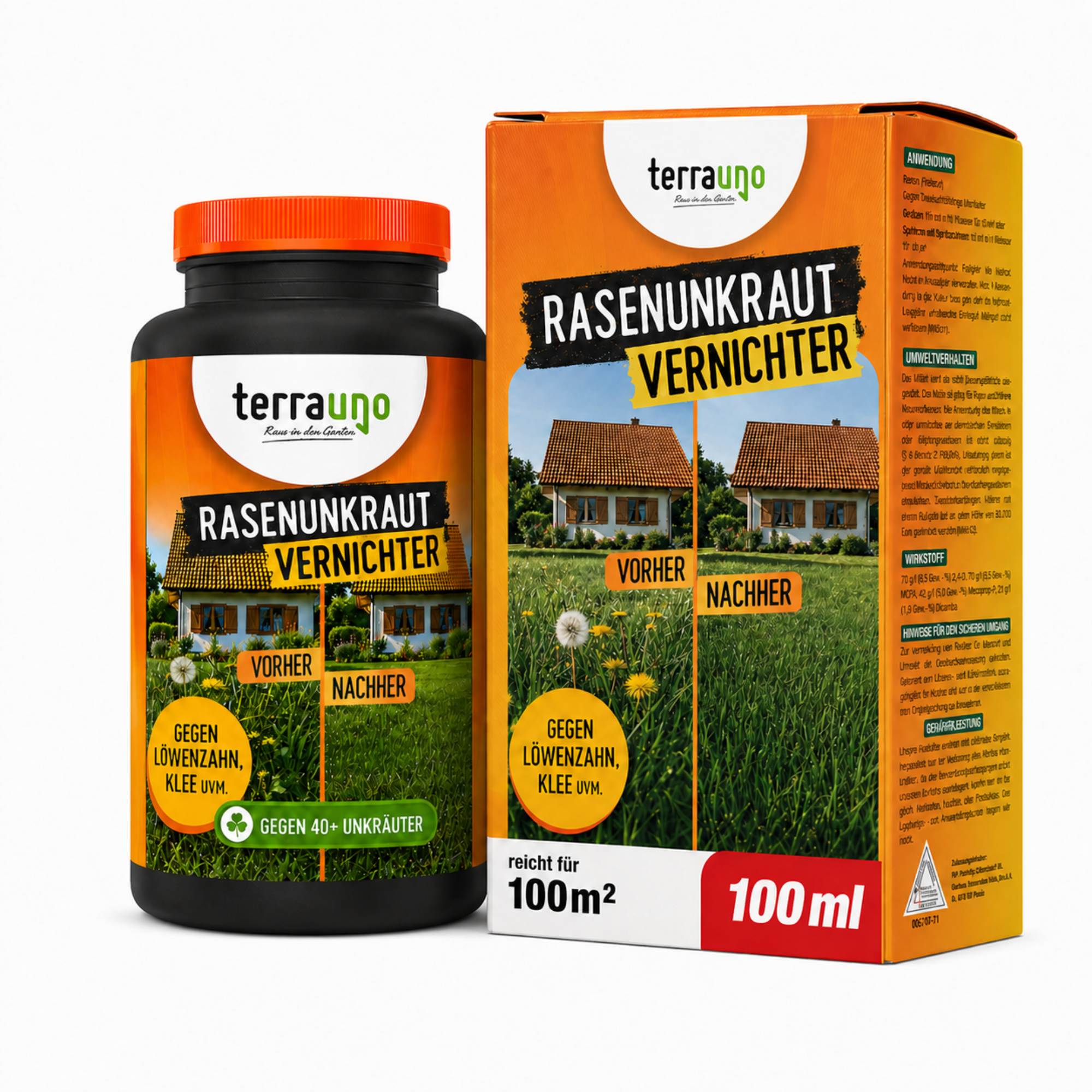 Eine Flasche und eine Schachtel TerraUno Flüssiger Unkrautvernichter mit Vorher/Nachher-Bildern des Rasens und einem Etikett, auf dem steht, dass es gegen Löwenzahn, Klee und mehr wirkt; behandelt bis zu 100 m² in einer Größe von 100 ml.