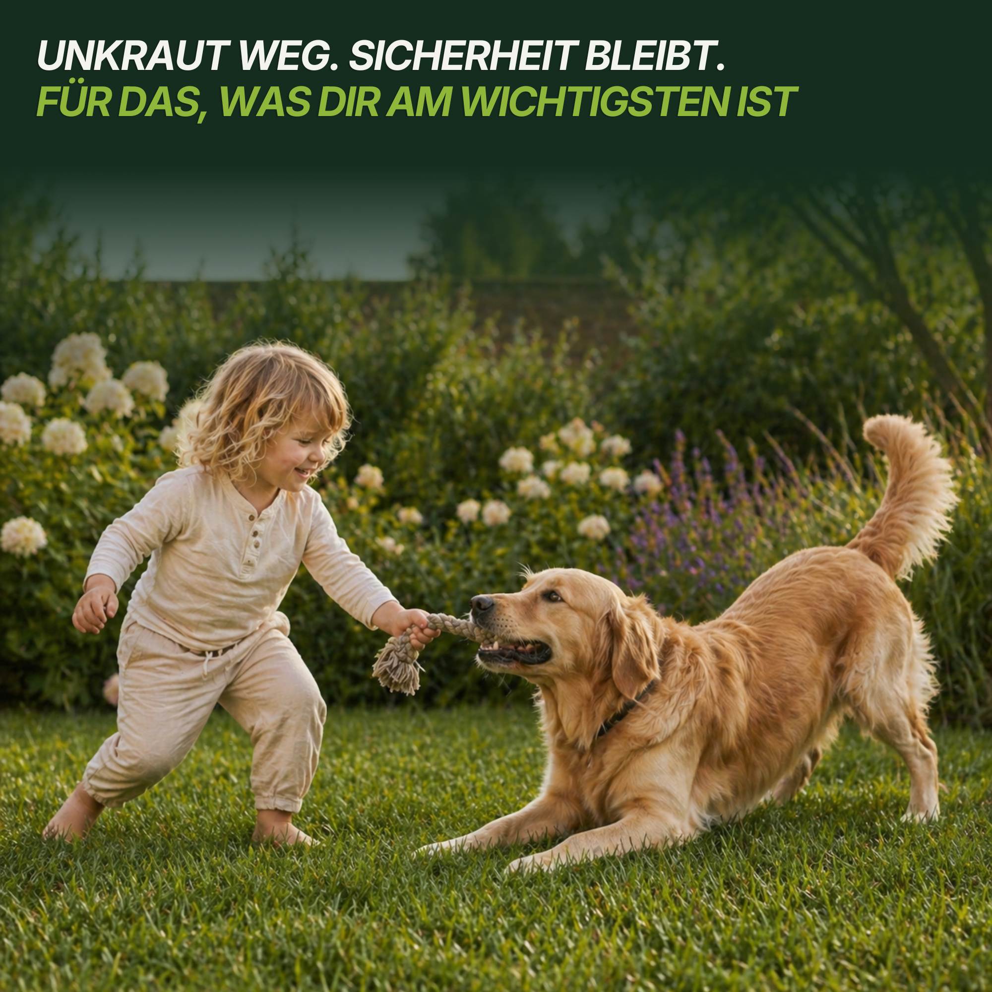 Ein kleines Kind in heller Kleidung bietet einem verspielten Golden Retriever eine Handvoll Unkraut auf einer grünen Wiese mit blühenden Sträuchern dahinter an. Oben steht der deutsche Text TerraUno Flüssiger Unkrautvernichter.