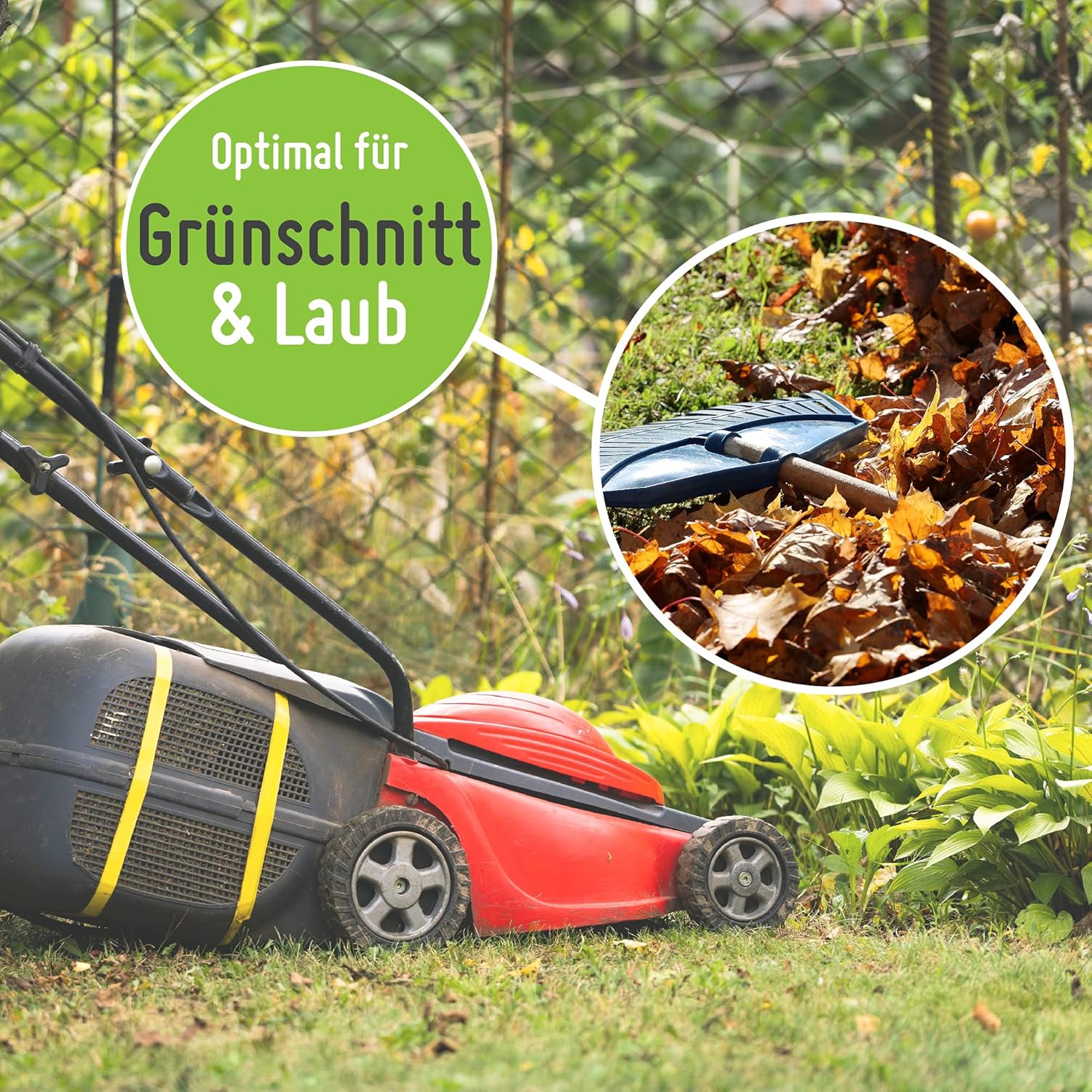Ein rot-schwarzer Rasenmäher auf Gras neben Grünpflanzen. Eine Beilage zeigt Herbstlaub, eine Harke und den TerraUno Gartensack Set 272 l oder 500 l. Deutscher Text: Optimal für Grünschnitt  Laub.