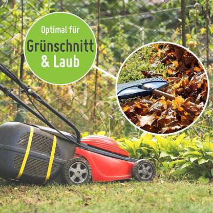 Ein rot-schwarzer Rasenmäher auf Gras neben Grünpflanzen. Eine Beilage zeigt Herbstlaub, eine Harke und den TerraUno Gartensack Set 272 l oder 500 l. Deutscher Text: Optimal für Grünschnitt  Laub.
