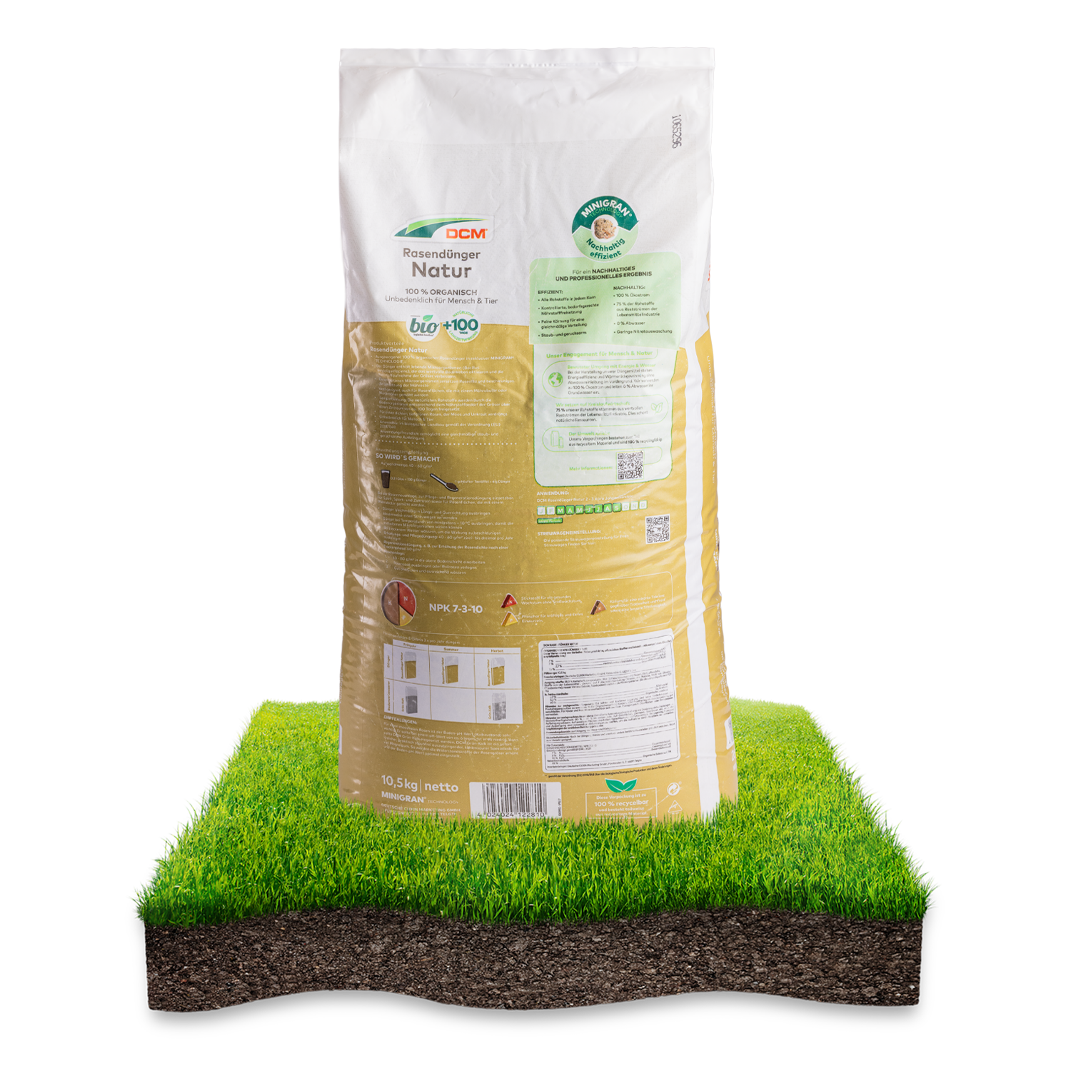 Rückseite des DCM Rasendünger Natur mit 10,5kg