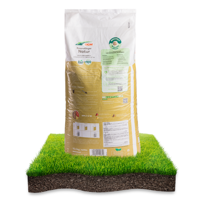 Rückseite des DCM Rasendünger Natur mit 10,5kg