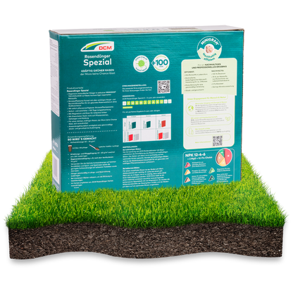 3kg Karton DCM Dünger Spezial Rückseite, optimal im Herbst