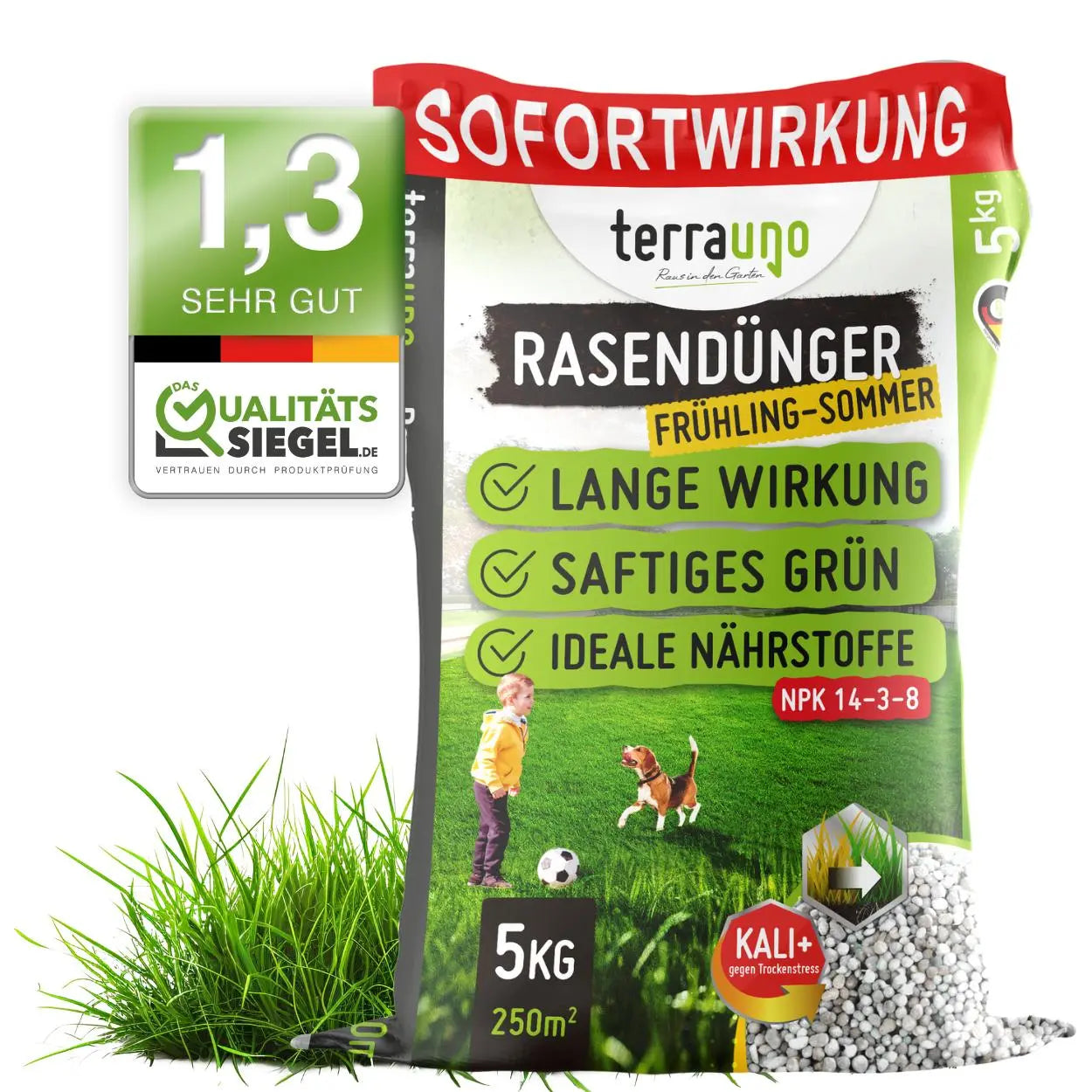 Ein 5kg-Sack TerraUno Rasendünger - Sparabo, ideal für Frühjahr und Sommer, liefert schnelle und dauerhafte Ergebnisse für saftig grünen Rasen. Ein Kind und ein Hund spielen auf dem Rasen und illustrieren die perfekte Rasenpflege mit sichtbarem Granulat.