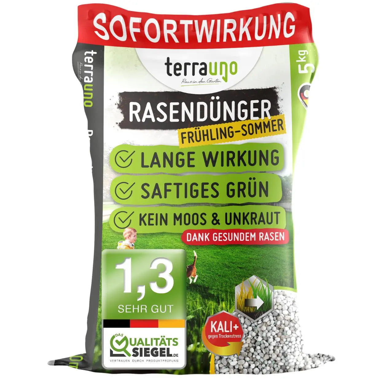Der TerraUno Rasendünger - Sparabo 5 kg pflegt Ihren Rasen im Frühling  Sommer, sorgt langanhaltend für sattes Grün und verhindert Moos- sowie Unkrautbildung. Grünes Design mit rotem SOFORTWIRKUNG-Feld - perfekt fürs Sparabo.