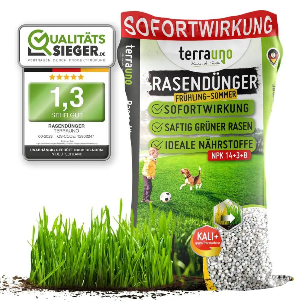 Der TerraUno Rasendünger - Sparabo ist ein schnell wirkender Frühjahrs- und Sommer-Rasendünger mit der Qualitätsstufe 1,3, abgebildet mit üppigen Rasenbildern - perfekt für Ihre Rasenpflege oder Ihr Rasenpflege-Abo.