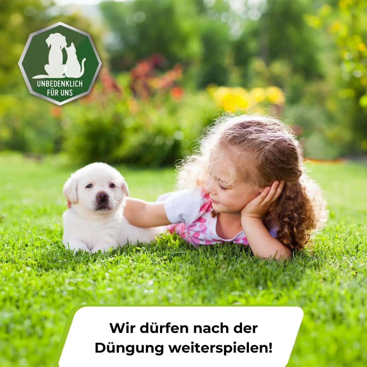 Ein junges Mädchen liegt auf grünem Gras neben einem weißen Welpen in einem sonnigen Garten. Eine Plakette zeigt Hunde- und Katzensilhouetten mit "UNBEDENKLICH FÜR UNS". Dank TerraUno Rasendünger - Sparabo können sie nach dem Düngen weiter spielen.