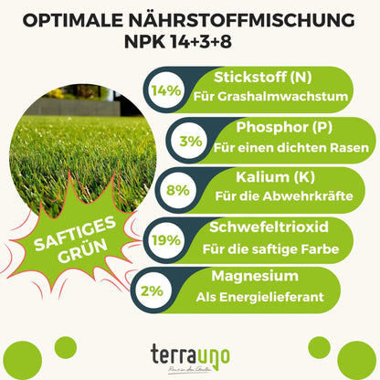 Infografik von TerraUno Rasendünger - Sparabo: NPK 14+3+8 14 Stickstoff, 3 Phosphor, 8 Kalium, dazu Schwefeltrioxid und Magnesium - der Schlüssel für Rasenpflege, satte Farbe und gesunden Rasen.