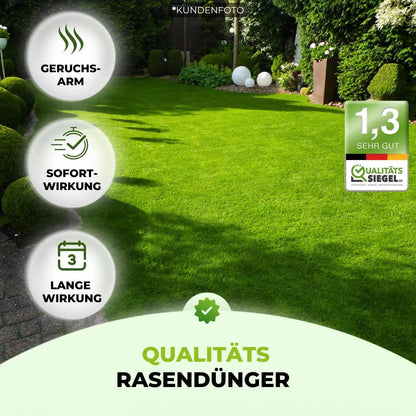 Ein saftig grüner Rasen mit ordentlich gestutzten Sträuchern und Gartendekor. Rasendünger - Sparabo by TerraUno bietet Geruchsarmut, Sofort- und Langzeitwirkung bis zu 3 Monate sowie ein Qualitätssiegel mit der Note 1,3 sehr gut für optimale Pflege.