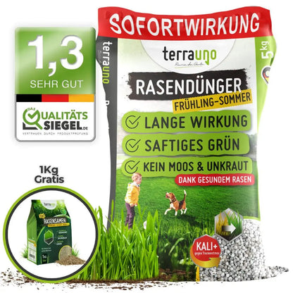 Der 5kg TerraUno Rasendünger - Sparabo sorgt für saftig grünen Rasen ohne Moos und Unkraut im Frühjahr und Sommer. Genießen Sie langanhaltende Ergebnisse plus einen kostenlosen 1kg-Bonus-perfekt für effektive Rasenpflege oder Ihr Rasenpflege-Abo.