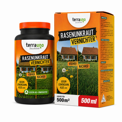 Eine Flasche und eine Schachtel TerraUno Flüssiger Unkrautvernichter mit orangefarbener und grüner Verpackung mit Abbildungen von Löwenzahn und einem Haus; auf dem Etikett steht 500 ml für 500 m². Die Illustration vergleicht einen Rasen vor und nach der Anwendung.