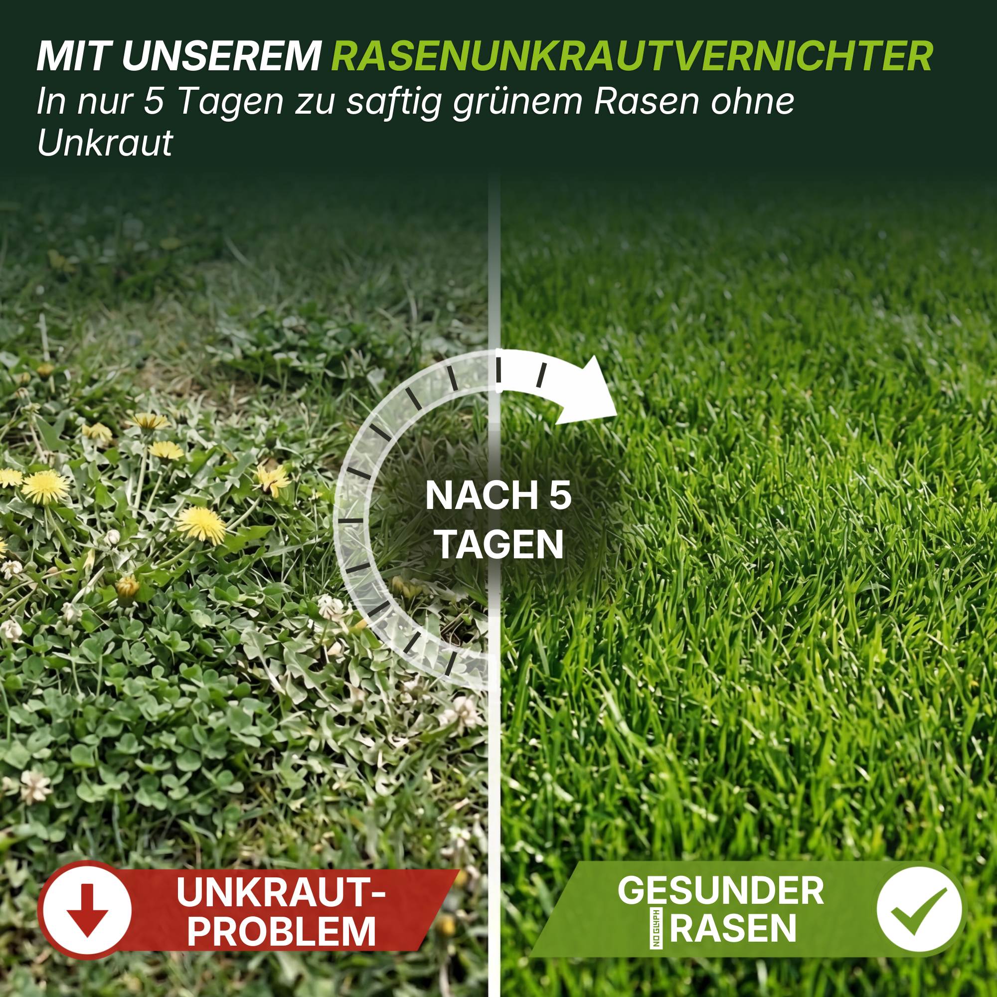 Ein Vergleichsbild zeigt einen in zwei Hälften geteilten Rasen: Der linke, mit "Unkraut-Problem" beschriftete Rasen ist verunkrautet, der rechte, mit "Gesunder Rasen" beschriftet, ist üppig und grün. Eine Zeitschaltuhr zeigt "Nach 5 Tagen" nach der Behandlung mit TerraUno Flüssiger Unkrautvernichter an.