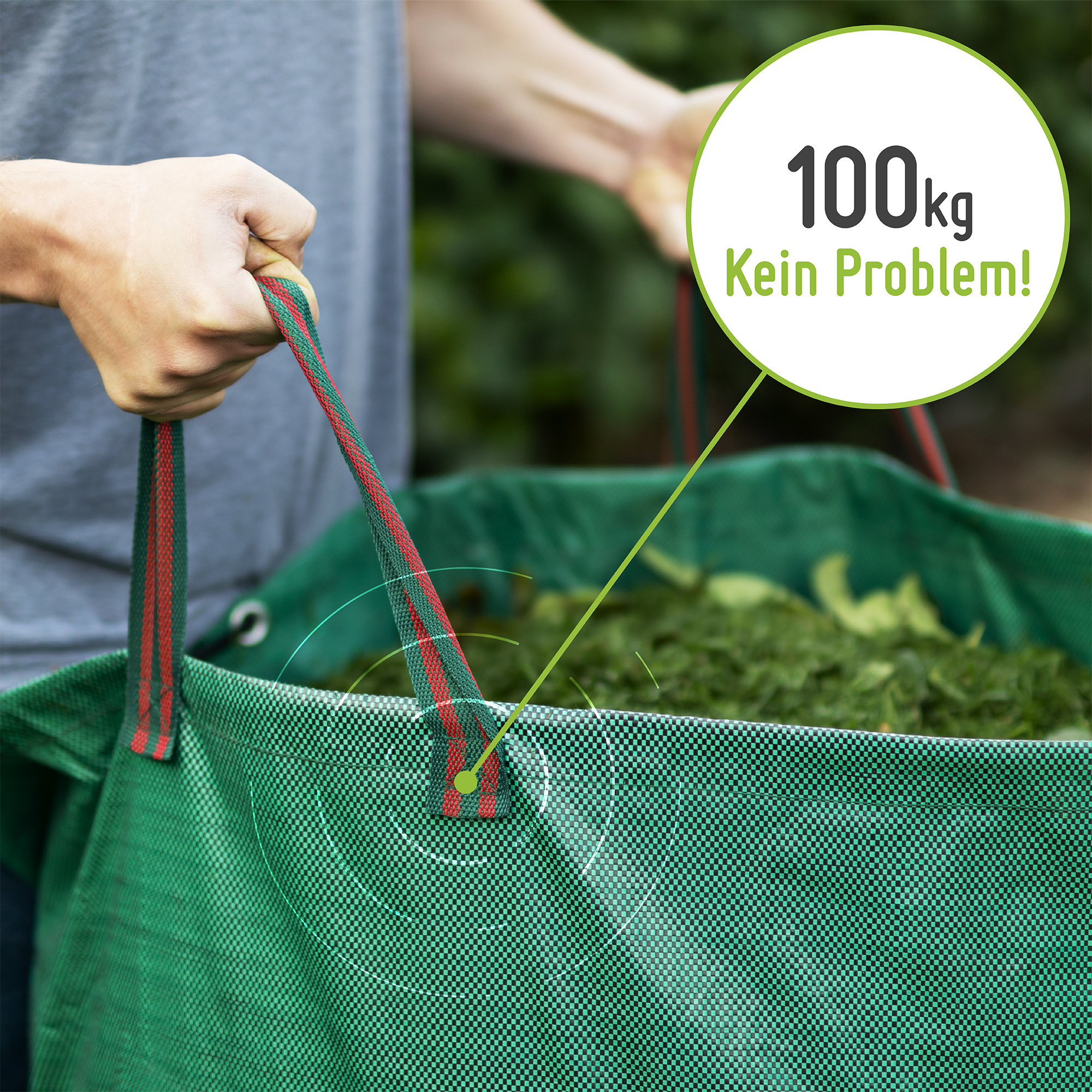 Eine Person hält die Griffe eines TerraUno Gartensacks Set 272 l oder 500 l, gefüllt mit Laub. Ein Kreis mit der Aufschrift "100 kg Kein Problem" zeigt, dass dieser Laubsack bis zu 100 kg fassen kann.