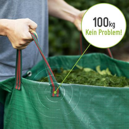 Eine Person hält die Griffe eines TerraUno Gartensacks Set 272 l oder 500 l, gefüllt mit Laub. Ein Kreis mit der Aufschrift "100 kg Kein Problem" zeigt, dass dieser Laubsack bis zu 100 kg fassen kann.