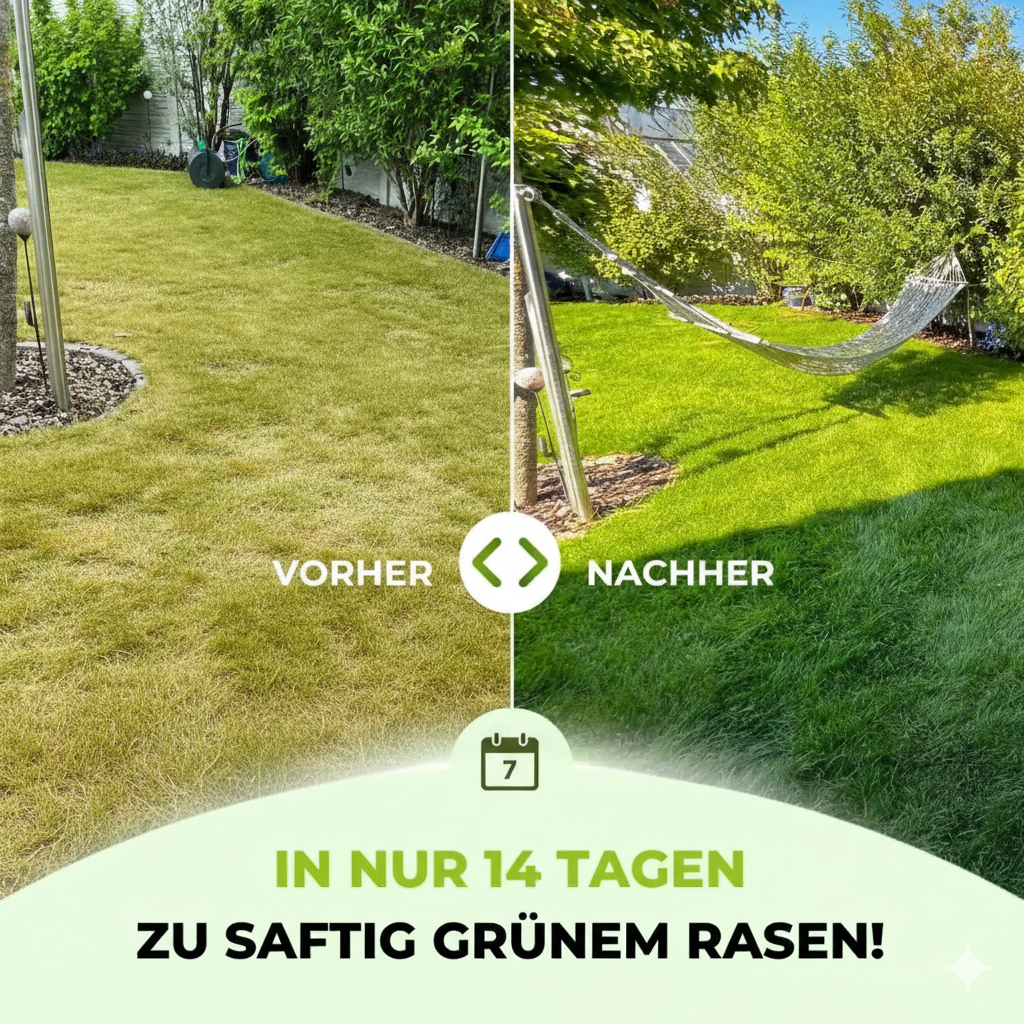 Rasen im Vergleich: links trocken/gelb Vorher, rechts saftig/grün Nachher - dank TerraUno Rasendünger Sommer und Frühling. In nur 14 Tagen zu kräftig grünem Rasen - moos- und unkrautfrei.