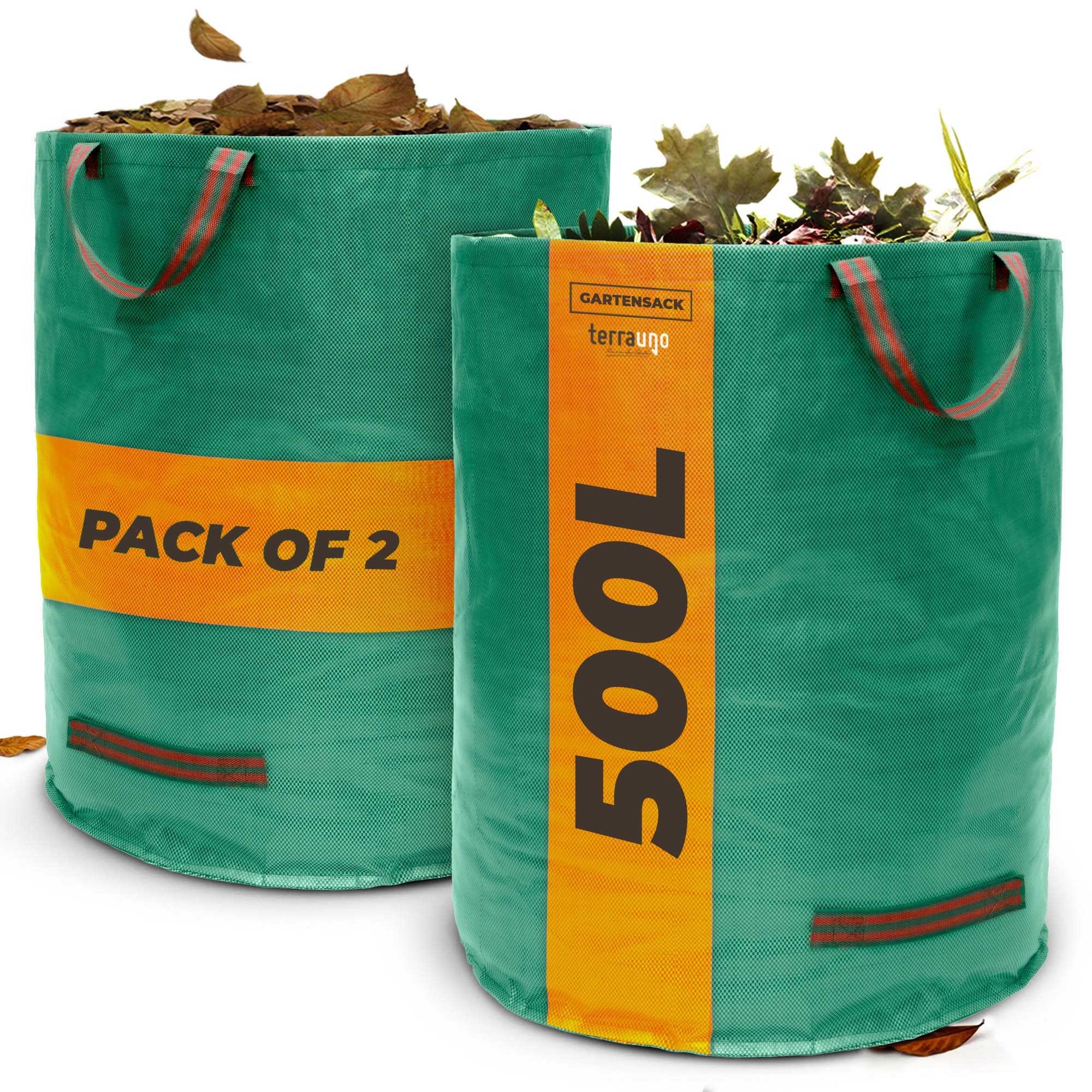 Zwei TerraUno Gartensäcke Set, 500L, rote Griffe sind teilweise mit trockenem Laub gefüllt. Aus robustem Material gefertigt, sind diese Säcke ideal zum Sammeln von Gartenabfällen. Mit der Aufschrift "PACK OF 2" versehen und in den Größen 272L oder 500L erhältlich.