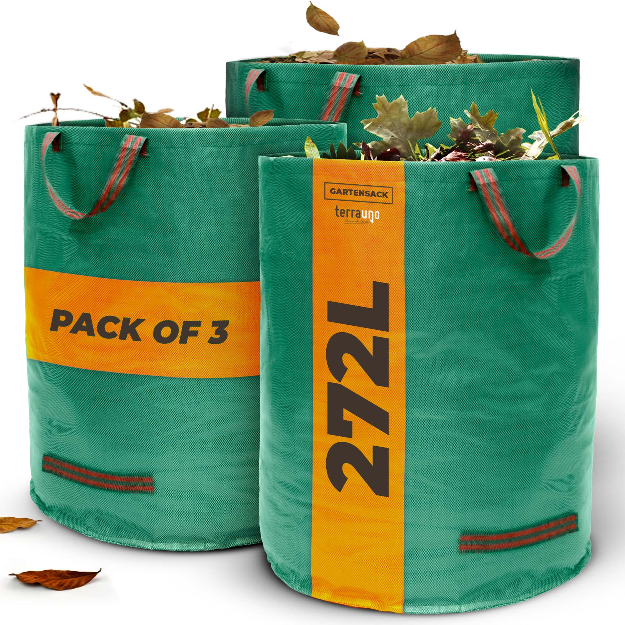 Drei große TerraUno Gartensäcke Set, 272 l gefüllt mit trockenem Laub. Auf den orangefarbenen Etiketten steht "PACK OF 3" und "272 L". Jeder Sack hat robuste rot und grün gestreifte Griffe.